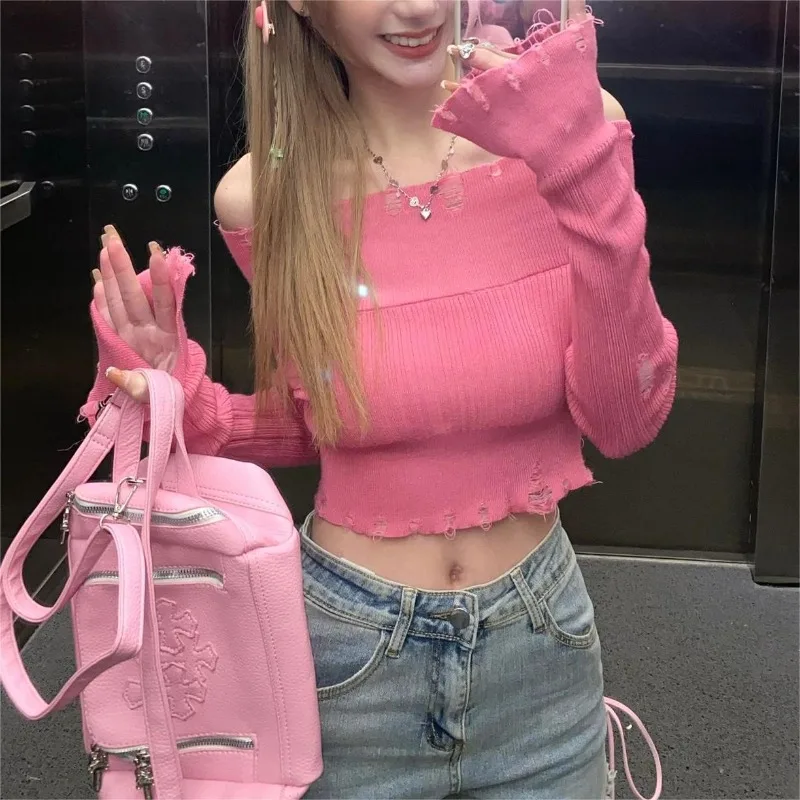 

Shpmishal Pink One Shoulder Knitted Women's Autumn French Short Sweater Off The Shoulder Slim Fit Pullover Top Female Clothing