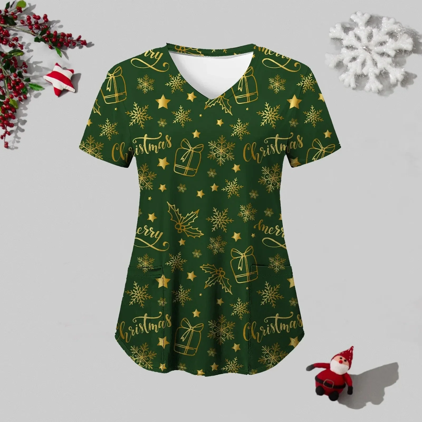 Women Working Uniform Short Sleeve V-Neck Cartoon Printing Tops Christmas Thanksgiving Blouses Uniforms Pet Scrubs Costume