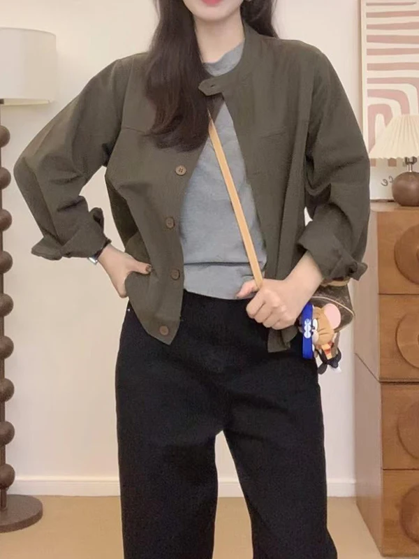 

plus Size Korean Sle Stand Collar Jaet Women's Spring Loose Casual Versatile Top Slimming for Pear aped Pear Body pe