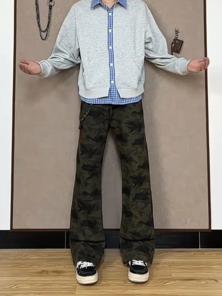 Amerikaanse retro camouflage uitlopende jeans heren herfst winter high street vibe fce gevoerde liftzak afslankmesbroek