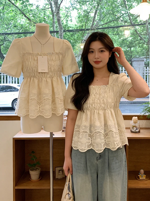 

Женская летняя рубашка больших размеров в корейском стиле с квадратным воротником, стройнящая, скрывающая живот, универсальный топ для женщин больших размеров