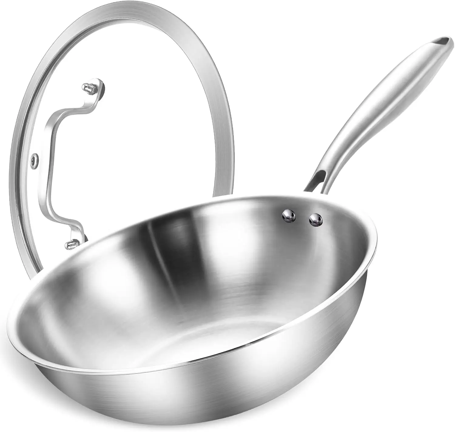 

10 Inch Stainless Steel Wok with Glass Lid, Tri-Ply Stir Fry Pan with Detachable Handle for Induction & Glass Cooktops