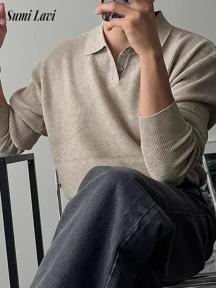 

Весенне-осенние повседневные вязаные мужские рубашки поло с длинным рукавом, облегающие эластичные вязаные джемперы, мужские стильные однотонные рубашки поло