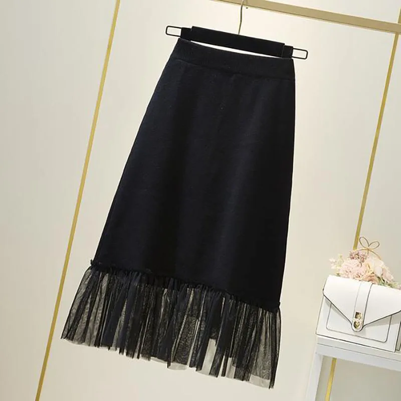 2023 New Autumn Winter Women Knit Skirts A-Line High Waist Slim Panel Mesh Skirts Office Lady Fashion Black Slim Wrap Hip Skirts