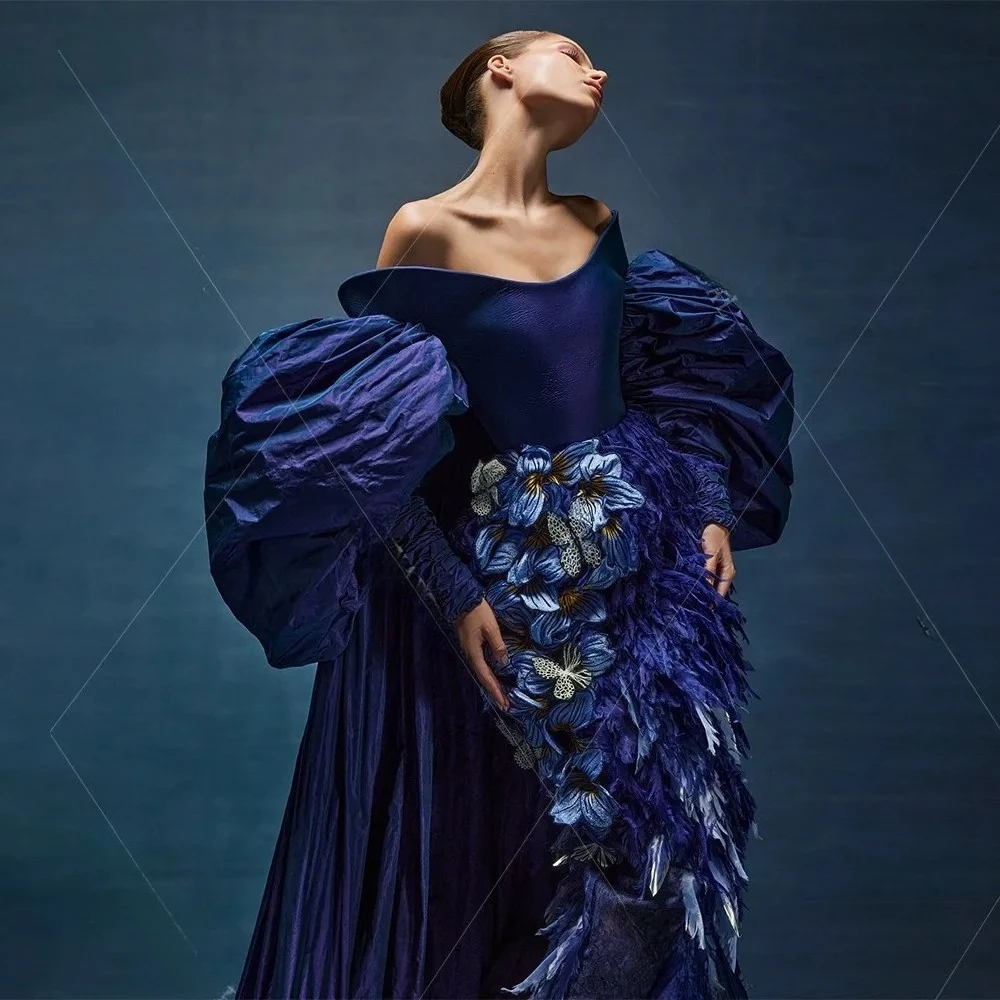 Women Customized Taffeta Long Jacket Wrap With Puffy Short Sleeves Fashion Navy Blue Wedding Cape