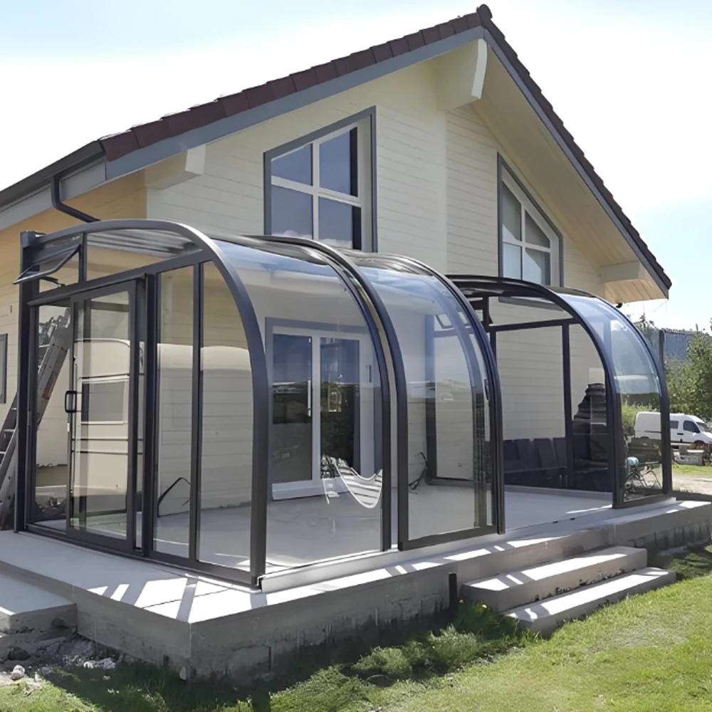 Retractable all-season sunroom system with flat glass roof and custom aluminum structure, suitable for luxury villas and hotels