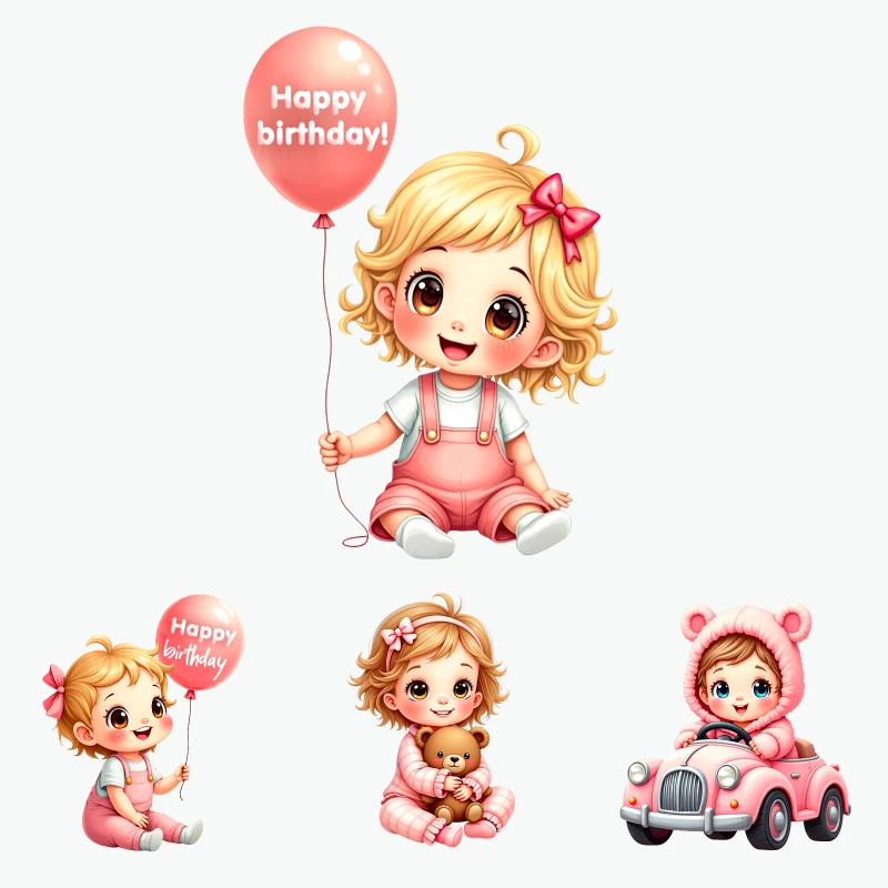

2PCS Cute Girl Birthday Balloon Car Heat Transfer Sticker dtf transfers prints Iron On Transfer Patches For Clothes T-shirt