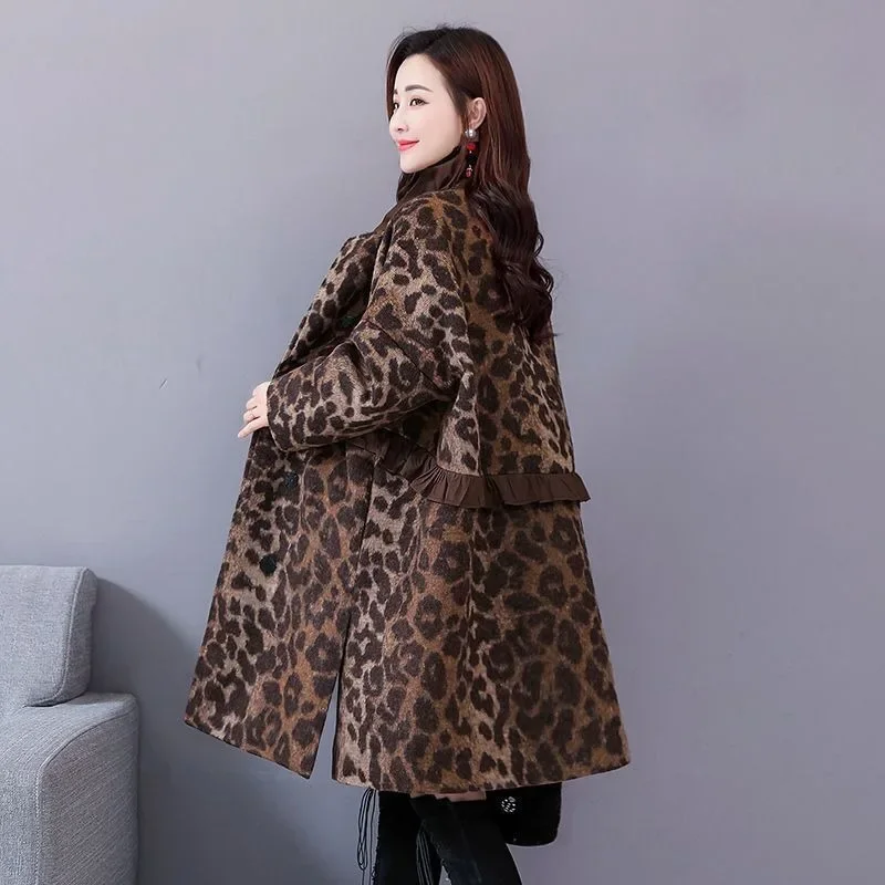 Leoparden muster langer Woll mantel weiblich lose koreanische Version Herbst Winter neu plus Baumwoll mantel Woll mantel Flut Damen bekleidung