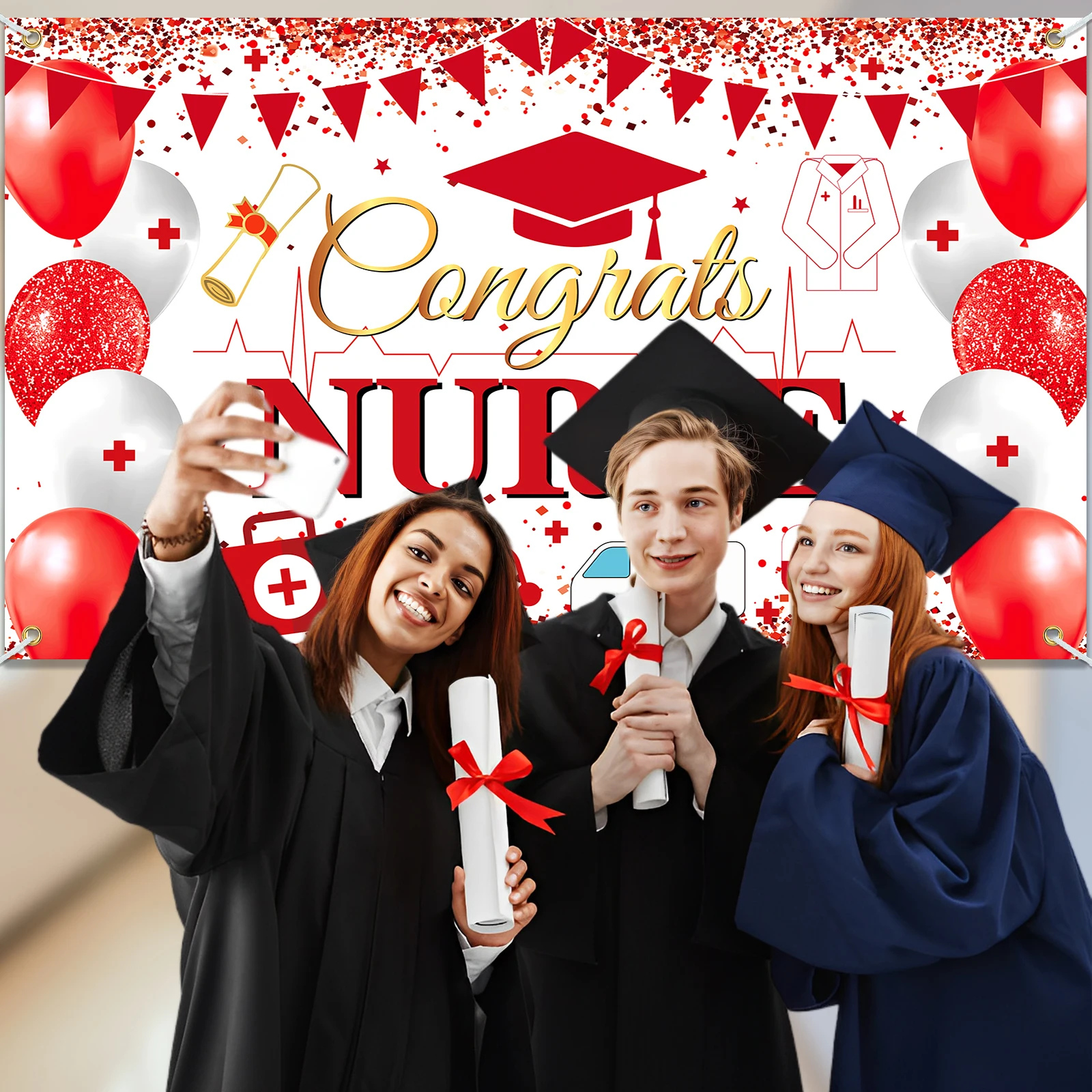 Fondo de fiesta de enfermera, fondo de fotografía con tema de graduación de enfermera de felicitaciones rojo dorado para decoración de fiesta de graduación de clase de 2024