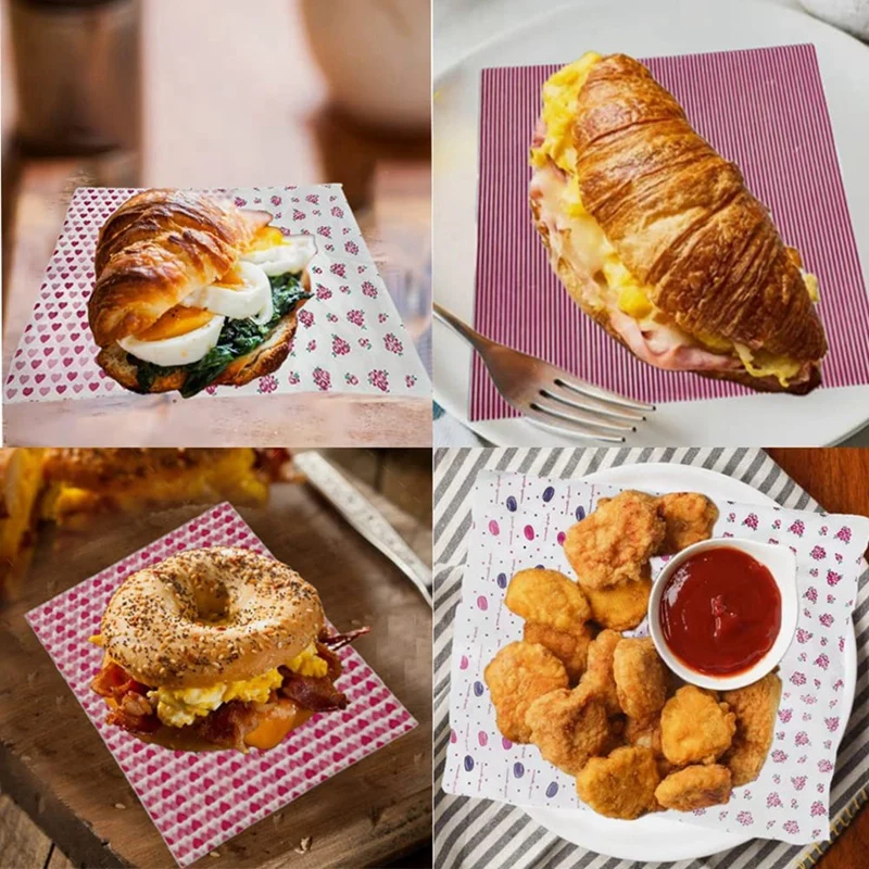 200個のワックスペーパーシートサンドイッチラップペーパーシートレッド & ホワイト食品バスケットライナー、パーティー、キッチン用