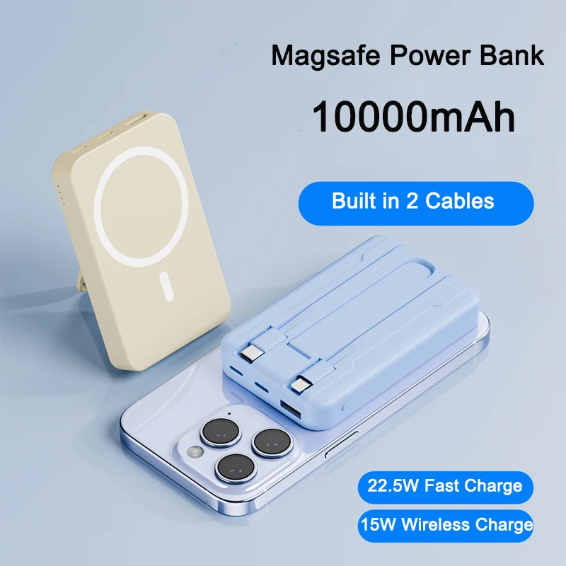 

10000mAh Magnetic Wireless Power Bank Built in Cable 22.5W Fast Charger for iPhone 14 Samsung Huawei Xiaomi Powerbank With Stand