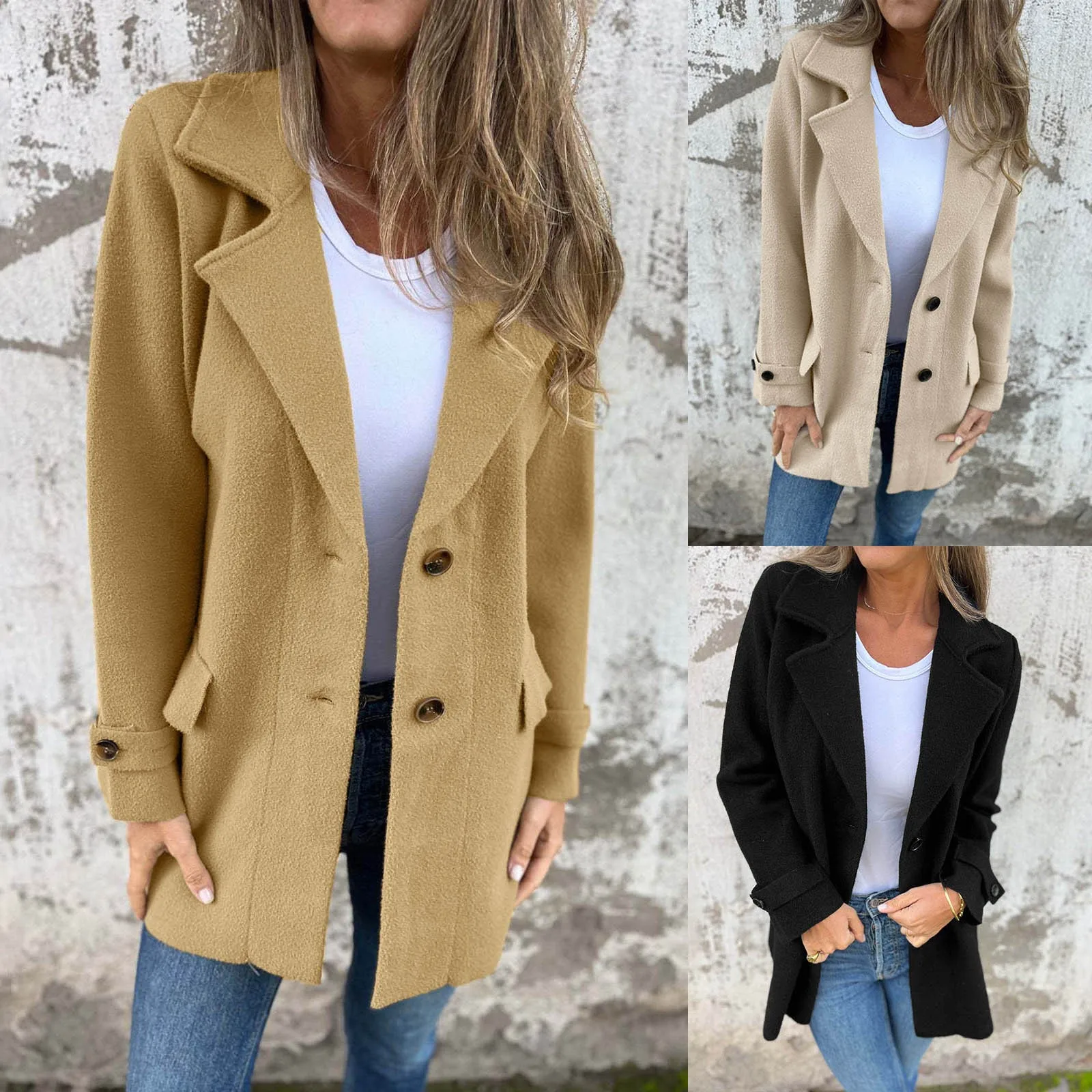 

Women's Autumn Commuter Coat Suit Collar Medium Length Fashion Double Breasted Solid Color Woolen Coat Elegant Women's Coat