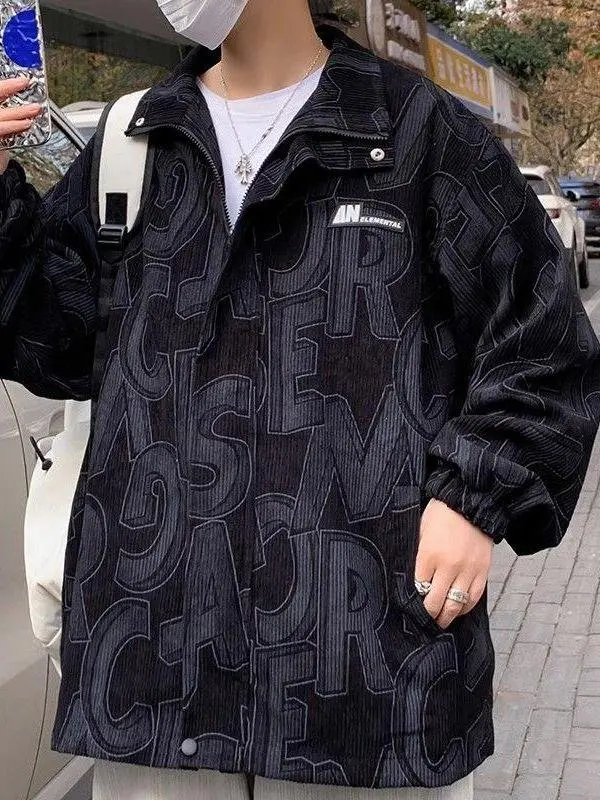 

Trendy Casual Men's Corduroy Jaet Spring Autumn Hong Kong Sle Printed Letter Windbreaker Loose Fit Faion Brand Coat