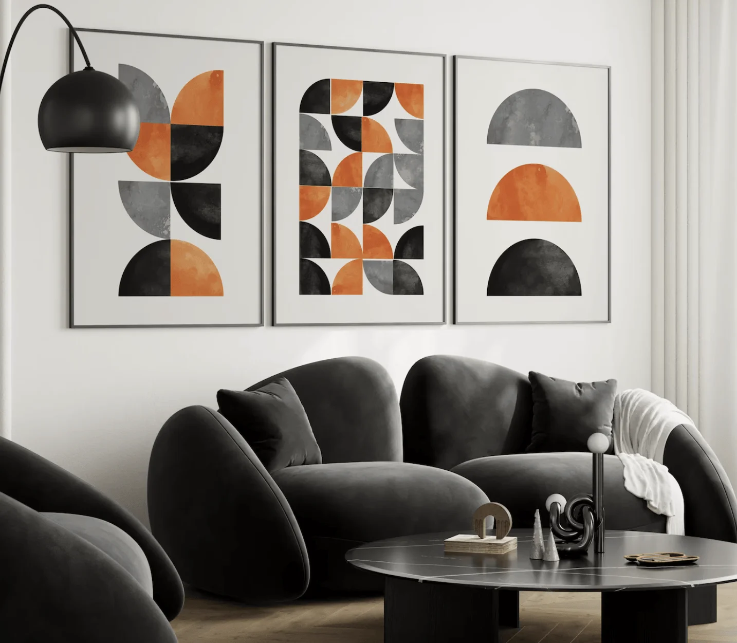 Set of 3 Boho Geometric Wall Art Canvas Prints, Burnt Orange Half Circle Posters, Mid Century Living Room Bedroom Home Decor