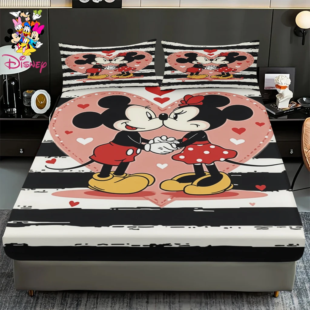 Ensemble de draps ajustés Disney Mickey & Minnie, 2/3 pièces, imprimé cœur d'amour, Style confortable, mignon et doux, cadeau de noël