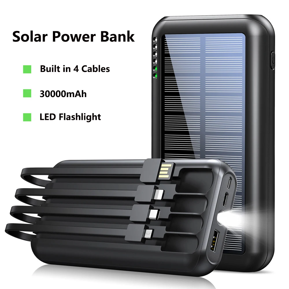 

Solar Power Bank 30000mAh Built in Cable Portable Charger Powerbank for iPhone 15 X Samsung Huawei Xiaomi External Spare Battery