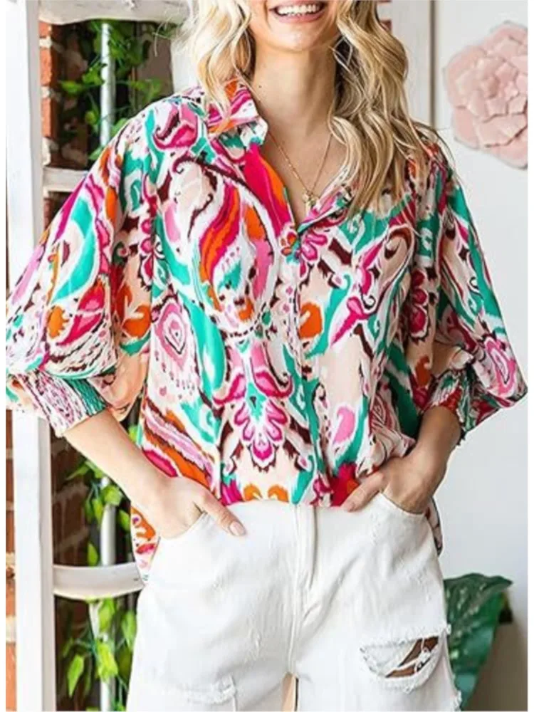 Blusa elegante feminina, top de temperamento, lanterna de lapela manga comprida, senhoras do escritório, camisa casual solta, estampa da moda, primavera, outono, 2024