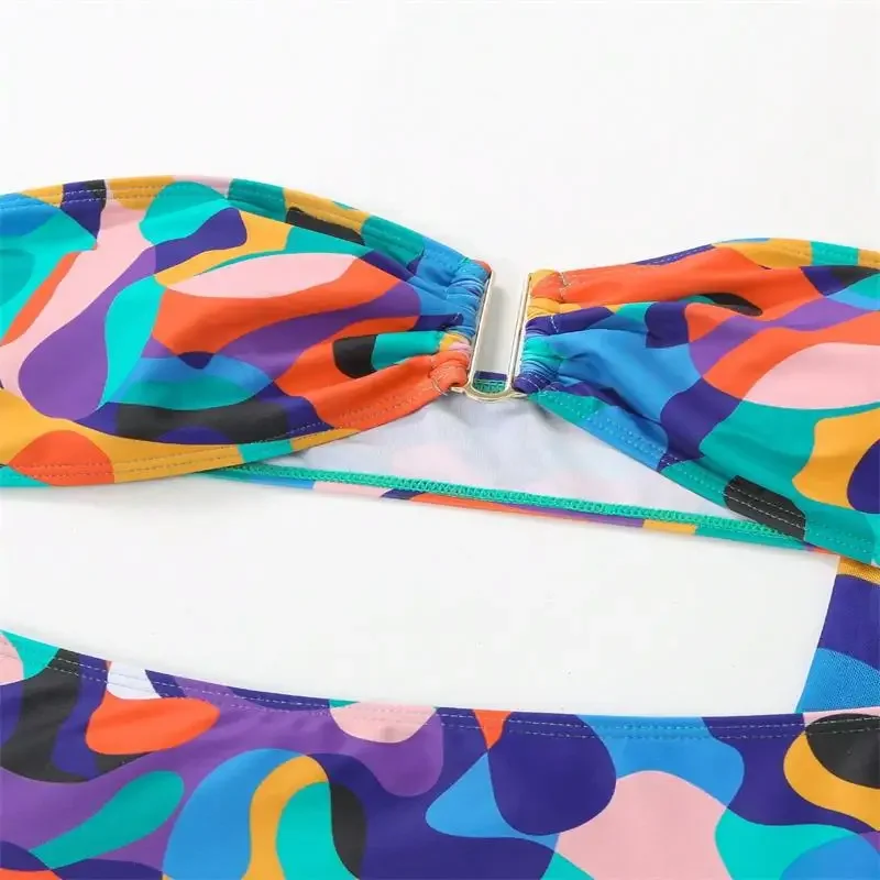 3-х предметный комплект бикини без бретелек с принтом, женский купальник с длинными брюками, женский купальный костюм, купальный костюм, пляжная одежда