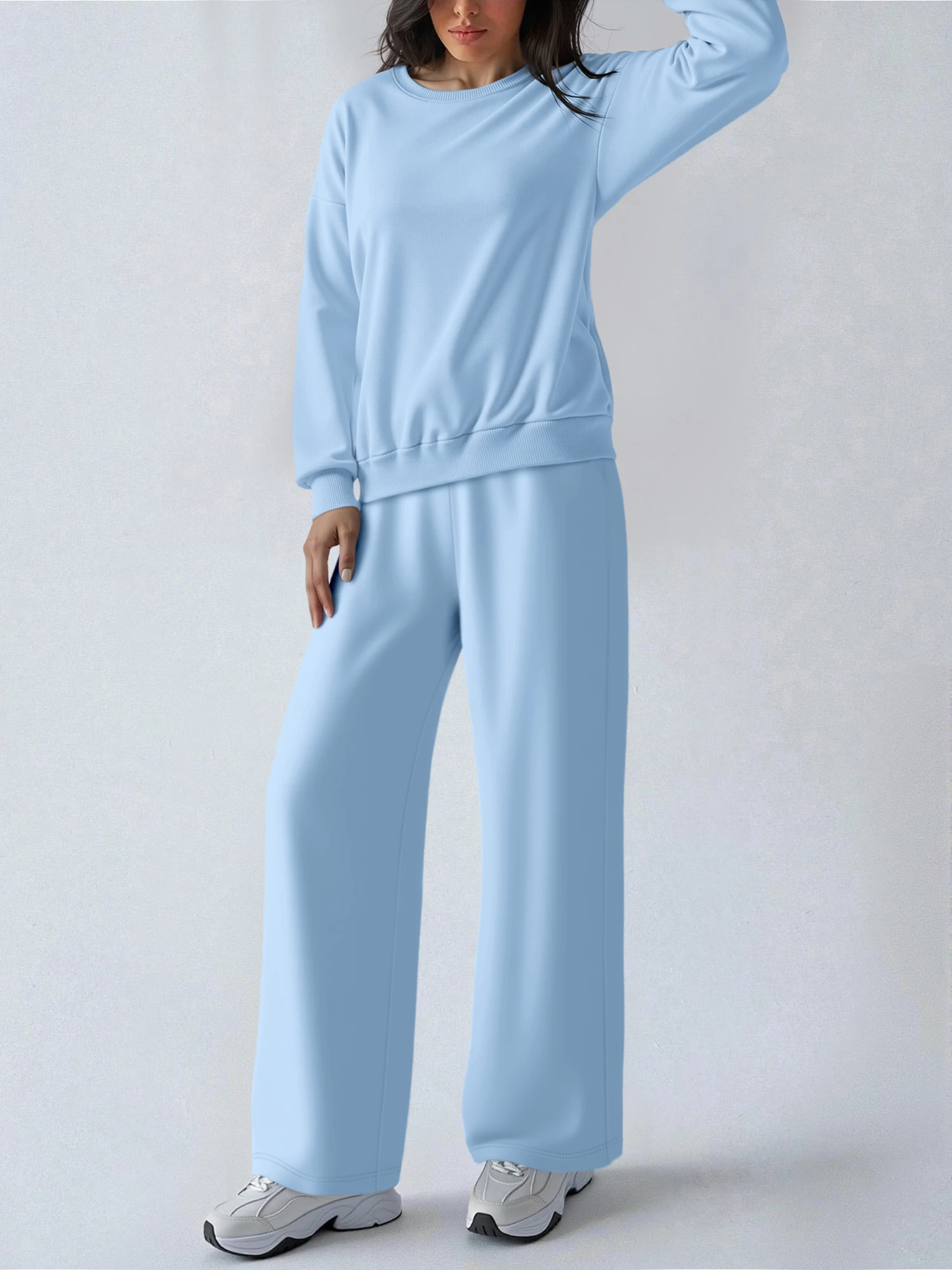 Urban Streetwear Matching Suit, Drop-Shoulder Crewneck Sweatshirt & Wide Leg Pants for Fall