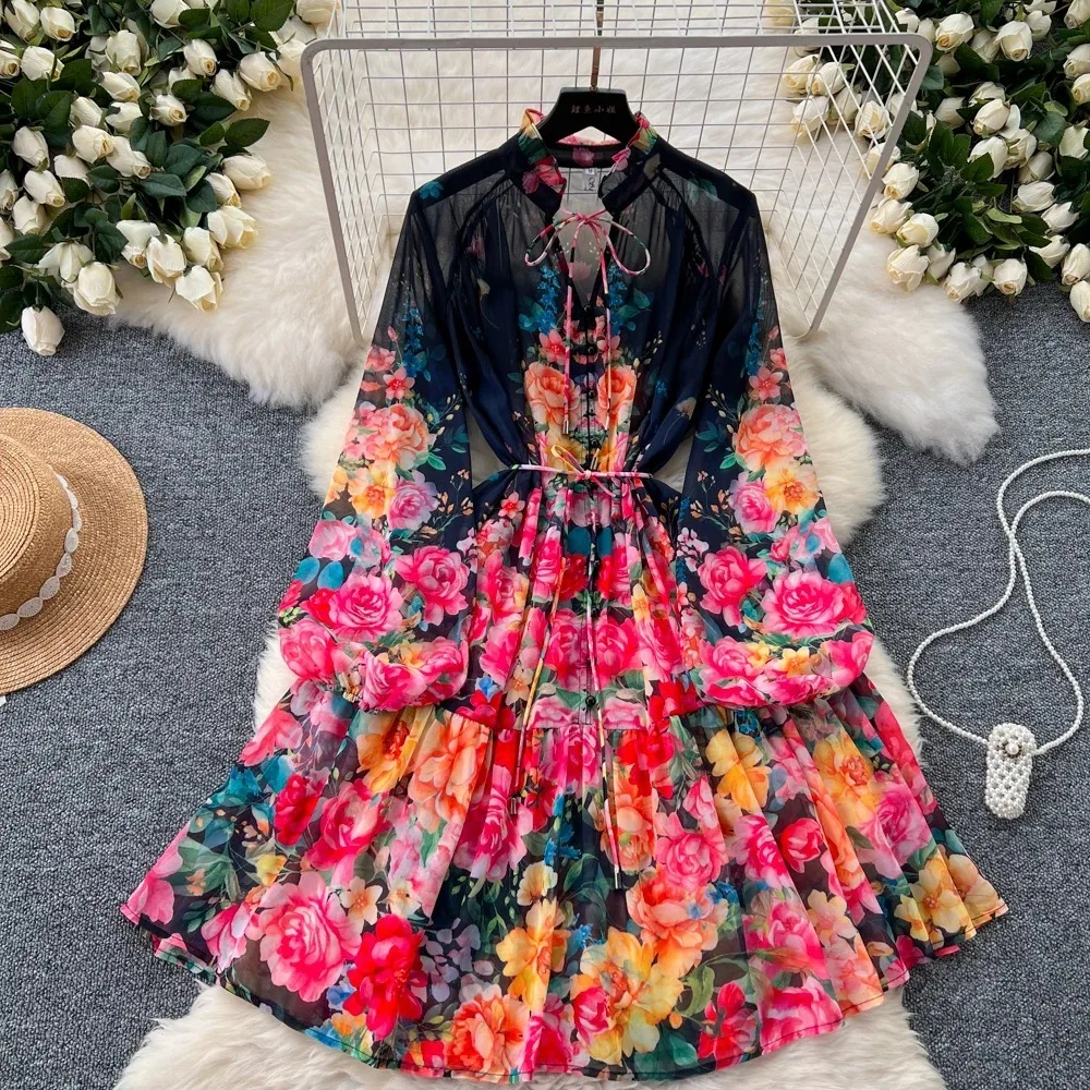 Summer Autumn Holiday Floral Long Sleeve Chiffon Short Dress Women Vintage Fashion Party Vestidos