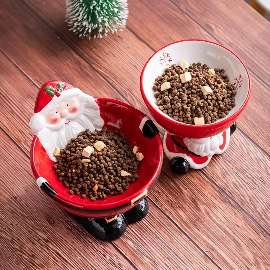 Cat Bowl Santa Claus High Footed Ceramic Pet Bowl Cartoon Neck Protection Cat and Dog Food Bowl Creative Christmas Gift