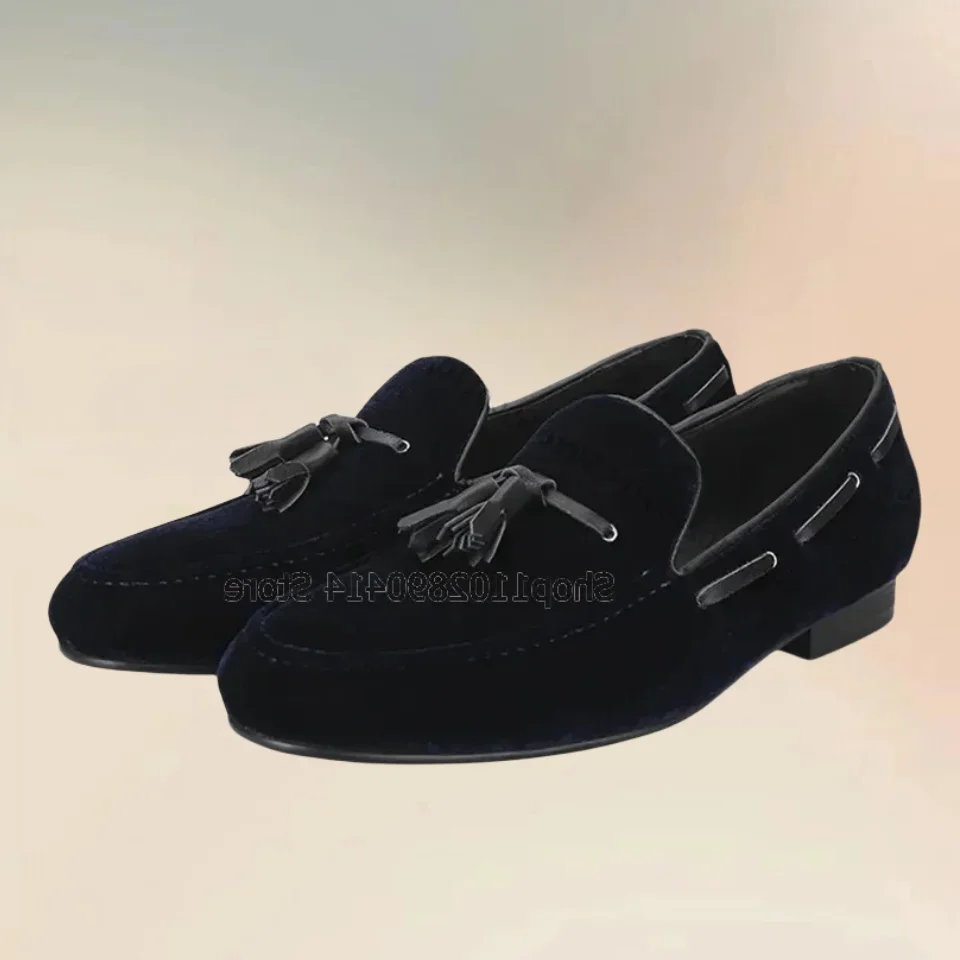 

Leather Tassels Decor Sewing Design Blue Loafers Fashion Slip On Men Shoes Luxury Handmade Party Banquet Office Men Casual Shoes