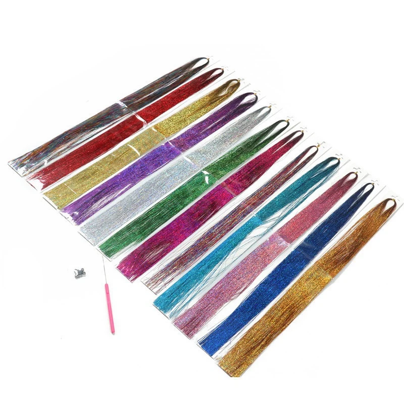 B51C Hair Tinsel Strands With Tools 12 Colors Hair Tinsel Strands Kit, Hair Extensions Glitter Shiny Silk Tinsel