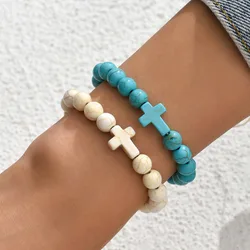 8mm Beads Religious Cross Bracelet for Women Men Natural Turquoise Stone Elastic Link Prayer Bracelet for Boy Girls