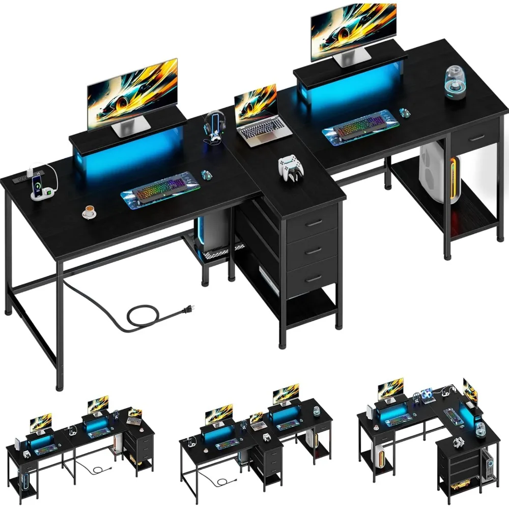 Bureau de jeu double extra long avec prise de courant et lumière LED, bureau Tatnoir, 2 supports de moniteur