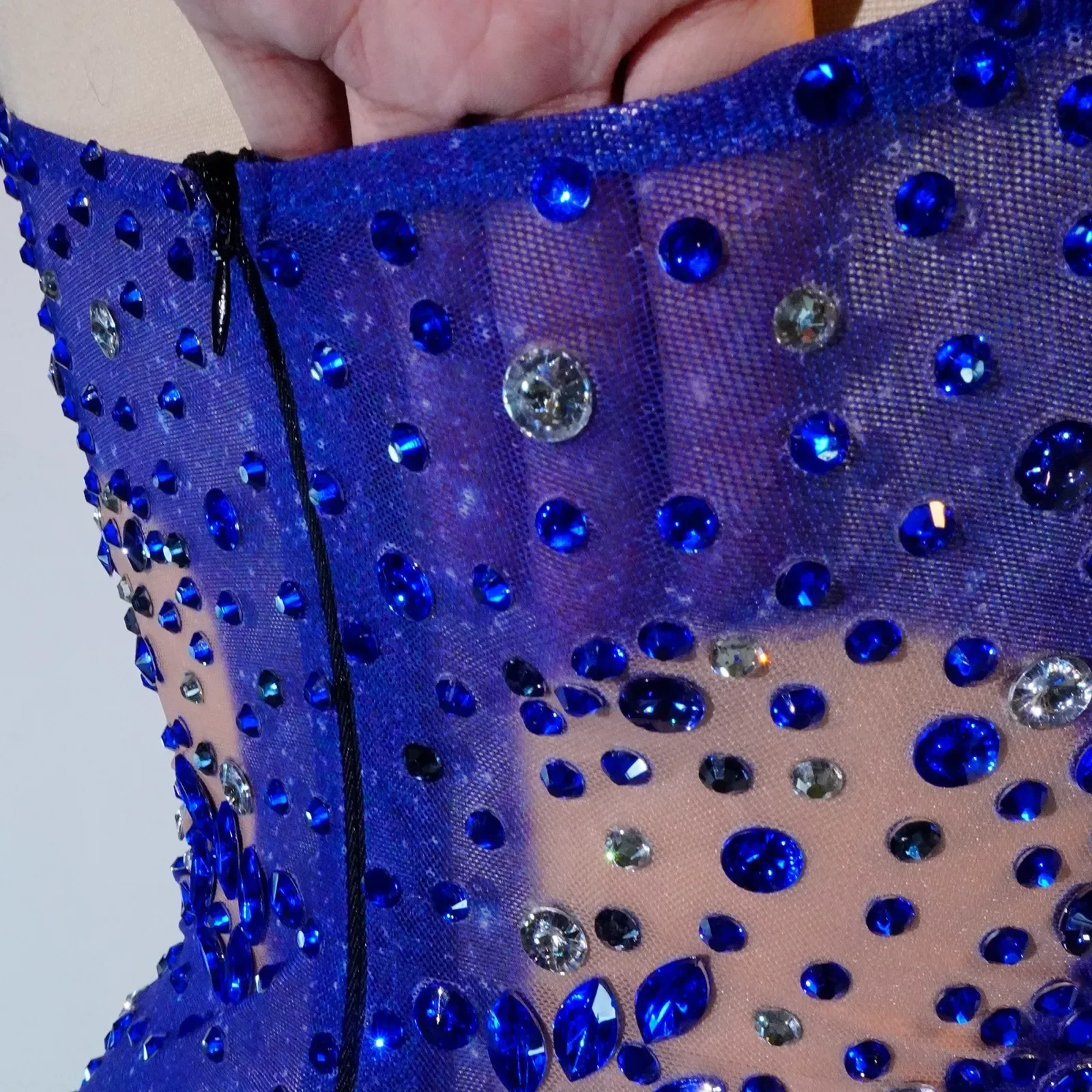 반짝이 블루 프린지 바디 수트 폴 댄스 레오타드, 섹시한 시스루, 생일 파티 클럽 축하 무대 가수 드래그 퀸 의상