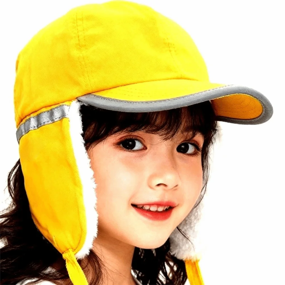 

Yellow Color Student Winter Hat Reflective Strips Fleece-Lined Warm Cotton Hat Cotton Material Neck Protection