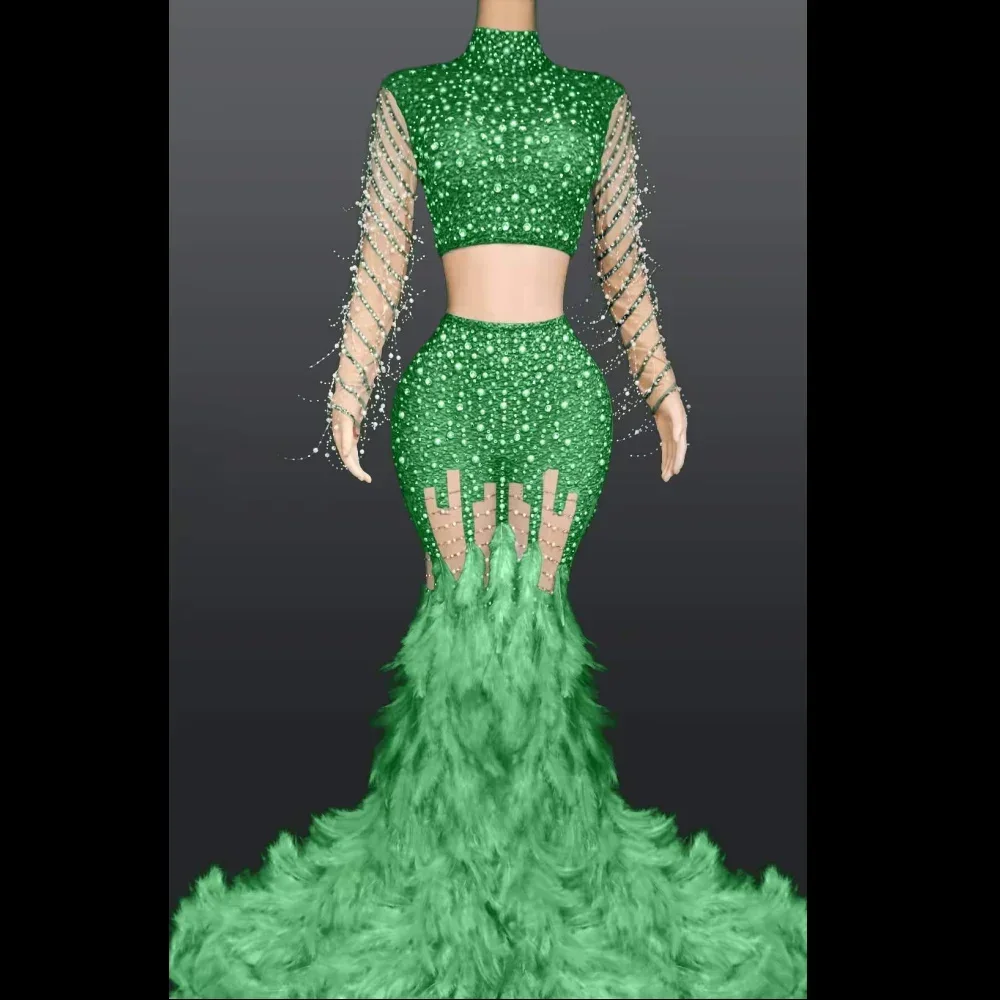 Wielobarwny, błyszczący zestaw z perłami, 2-częściowy, top z długimi piórami, sukienka dla kobiet, na wieczór, studniówkę, wesele, imprezę, kostiumy sceniczne, drag queen.