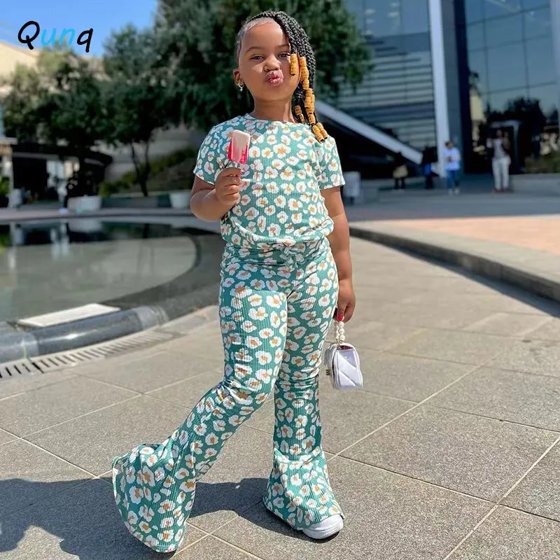 Qunq 2023 Summer New Girls Floral Short Sleeve Pullover Top + Flared Trousers 2 Pieces Sets Street Casual Kids Clothes Age 3T-8T