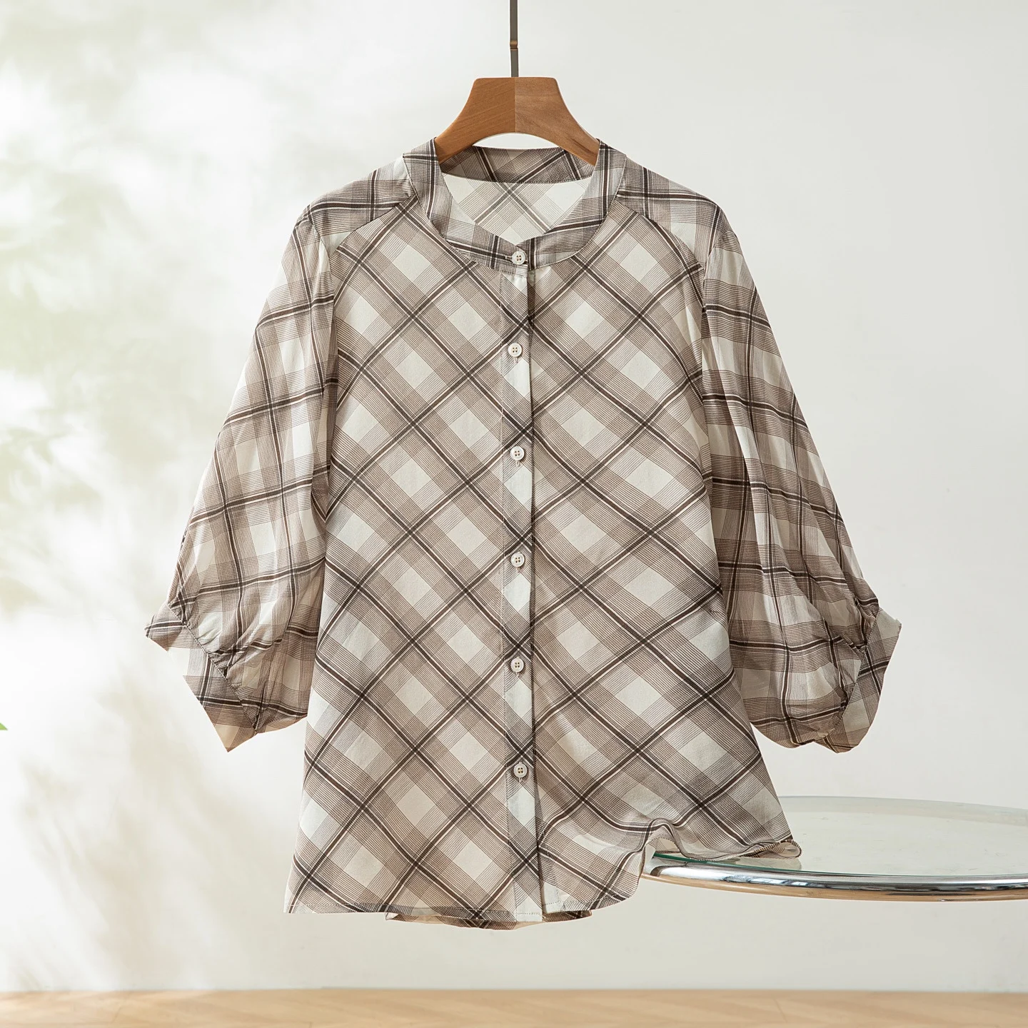 Winsleter-100% Camicia elegante in vera seta, plaid da donna con maniche a pipistrello o collo, camicetta ampia casual retrò francese, estate 2025 T56303CC