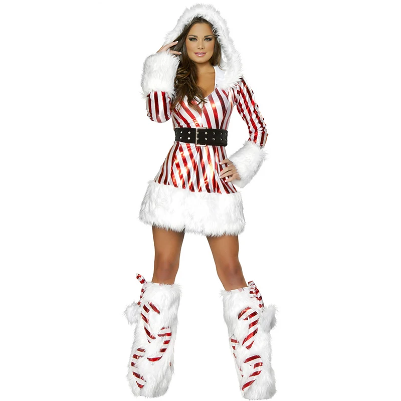 Women Christmas Hooded Dress Winter Plus Velvet Striped Santa Claus Cosplay Costume Christmas Party Stage Bar Masquerade Set