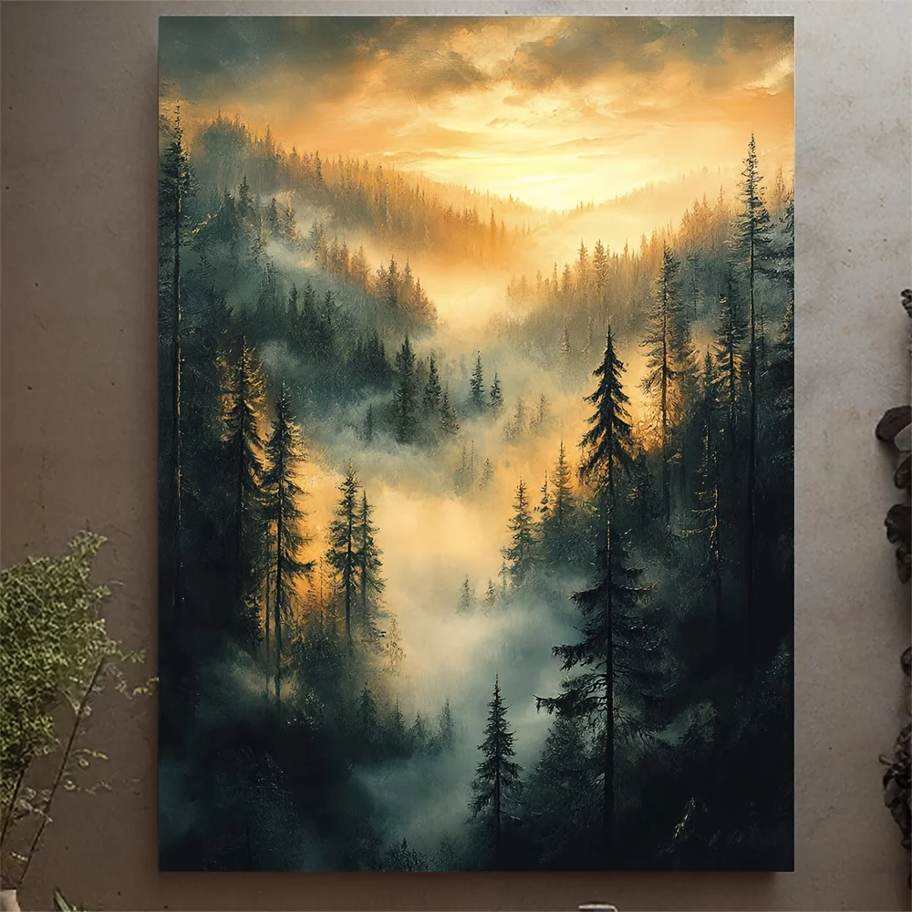 1pc, with Frame, 30.48x40.64cm [2D Flat]Green Forest Wall Art Spring Woods Canvas Pictures Foggy Morning Landscape Nature Pic