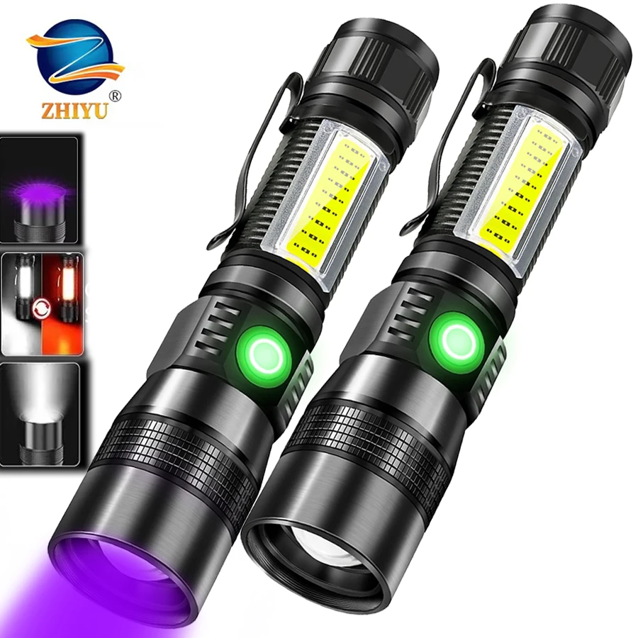 3 in 1 LED Flashlights UV Flashlight with 7 Modes LED Light Torch with COB Sidelight,Zoomable,Magnetic,Waterproof for Camping