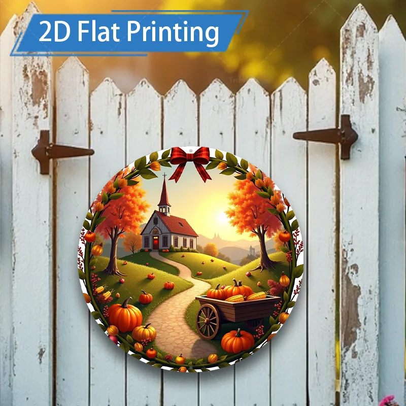 [2D FLAT] 1pc Metal Sign, 8x8inch Autumn Church Scene Metal Wall Art 2D Flat Print Decorative Round Sign for Home Garden
