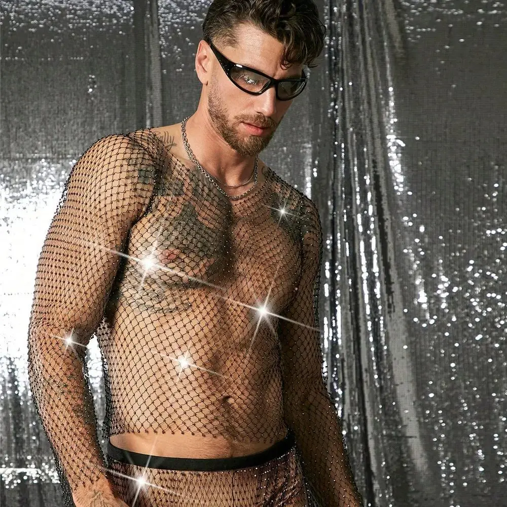Openwork Mesh Long-Sleeved Men's Shirt Set Sexy See-Through Mesh Stage Costume Dark Motorcycle-Style Men's Fashion Outfit