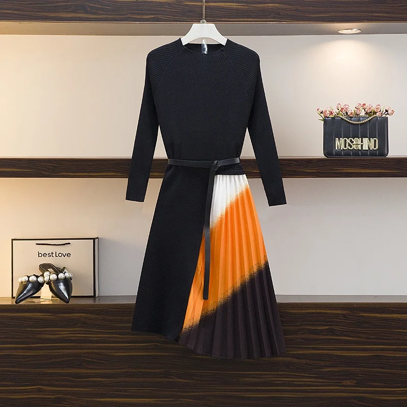 

plus Size Autumn Winter Knit Dr Ele Belly Covering Slimming Agel A-Line PVC Fabric Ci Walk Sle Zipper Closure