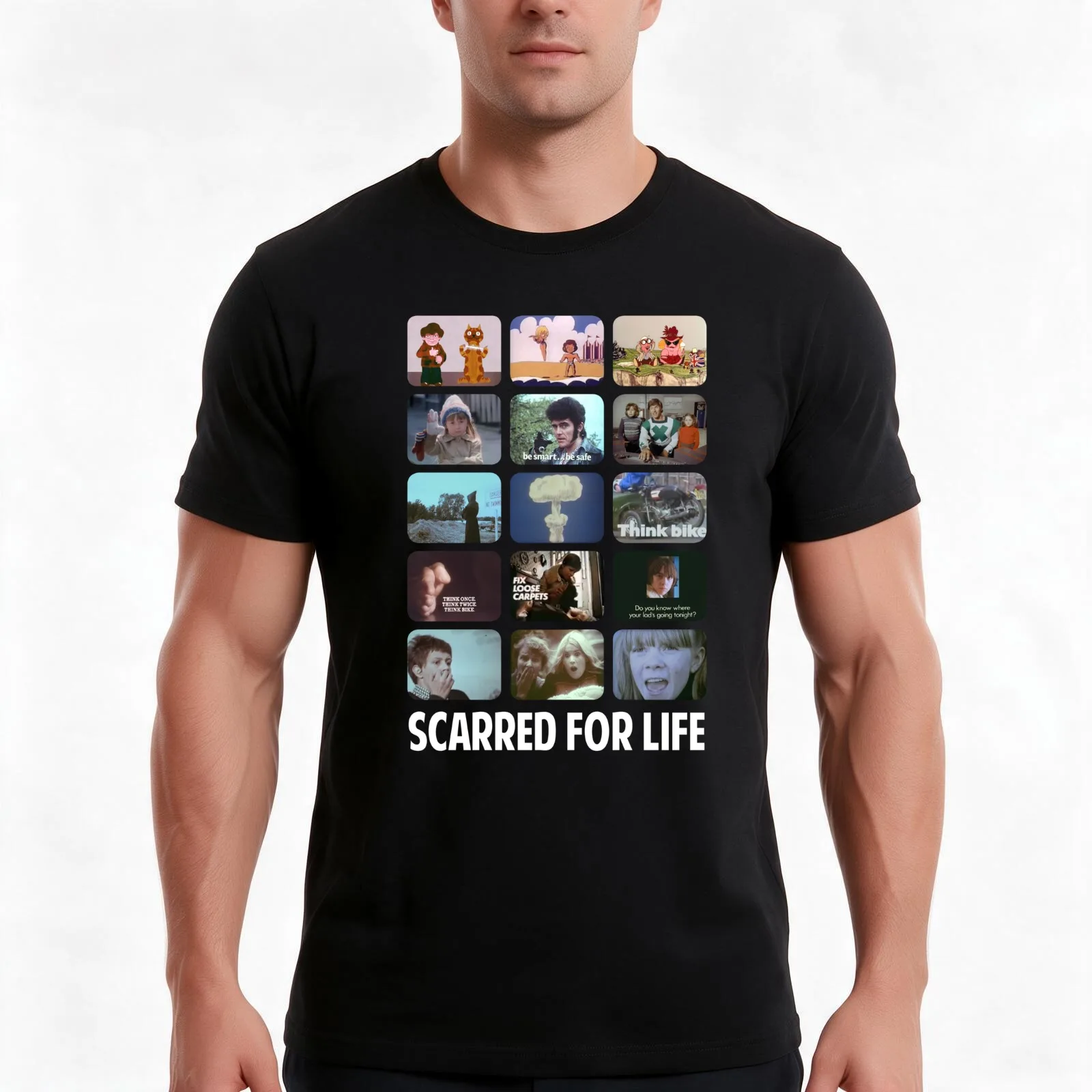Scarred by 70s Public Information Films T-Shirt, Summer Casual Cotton Tee, Oversized Streetwear Tops, Vintage Graphic Print