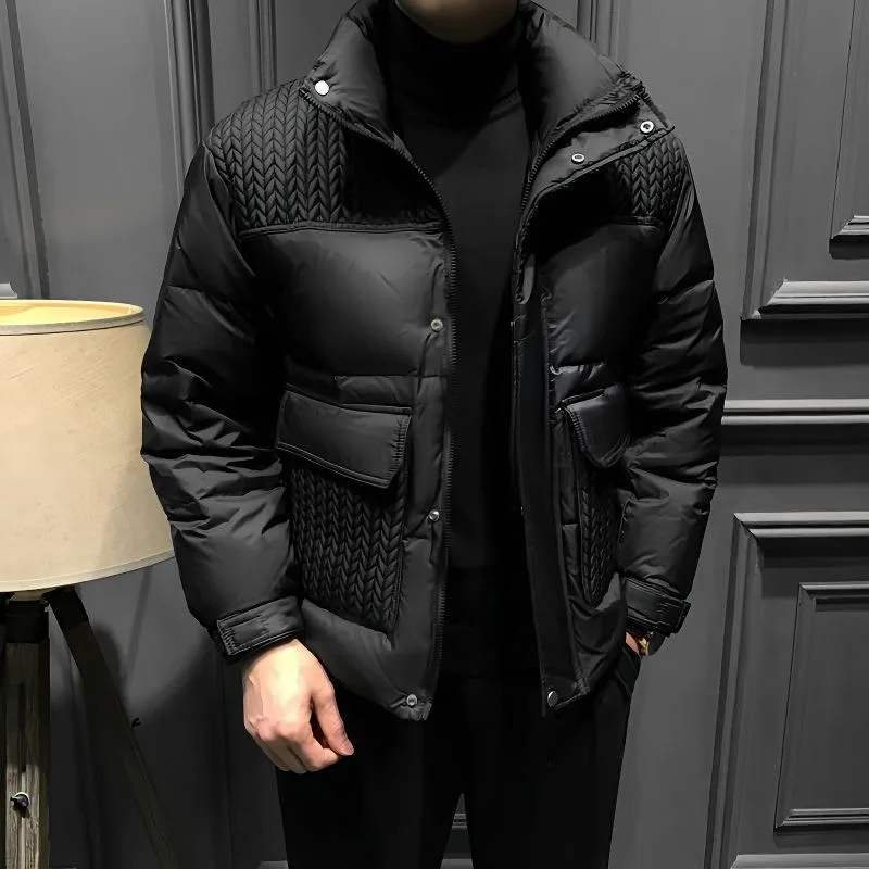 Men's Short Stand Collar Winter Cotton Padded Coat Wavy Quilt Splicing Warm Casual Jacket With Big Pockets