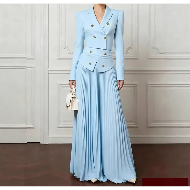 Casual Two Pieces Set Women 2026 Spring New Long Sleeve Double Breasted Slim Blazer Top + High Waist Pleated A-Line Skirts Suit