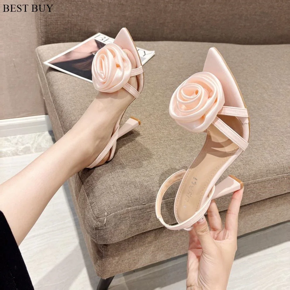 2024 Summer Fashion Silk Rose Flowers Pointed Open Toe Back Strap Sandals Women Red High Heels Wedding Prom Shoes Zapatos Mujer