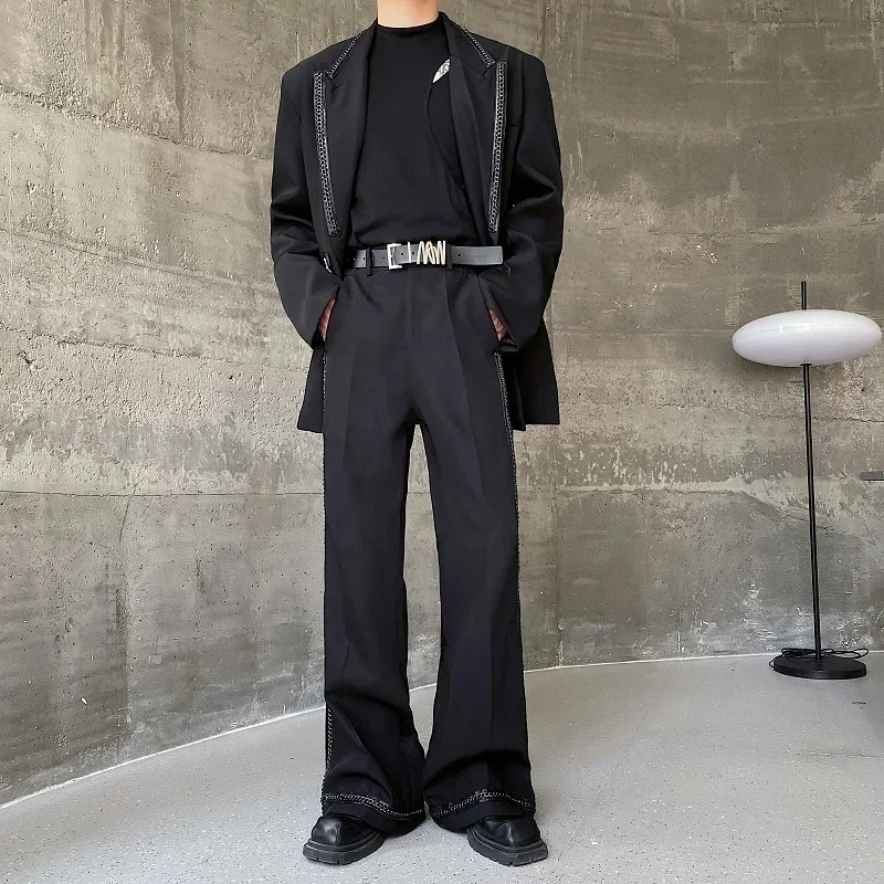 Metal Chain Design Leapl Blazer Two Pieces Set Straight Wide Leg Suit Pants Personality Autumn 2024 Men Chic WA2660