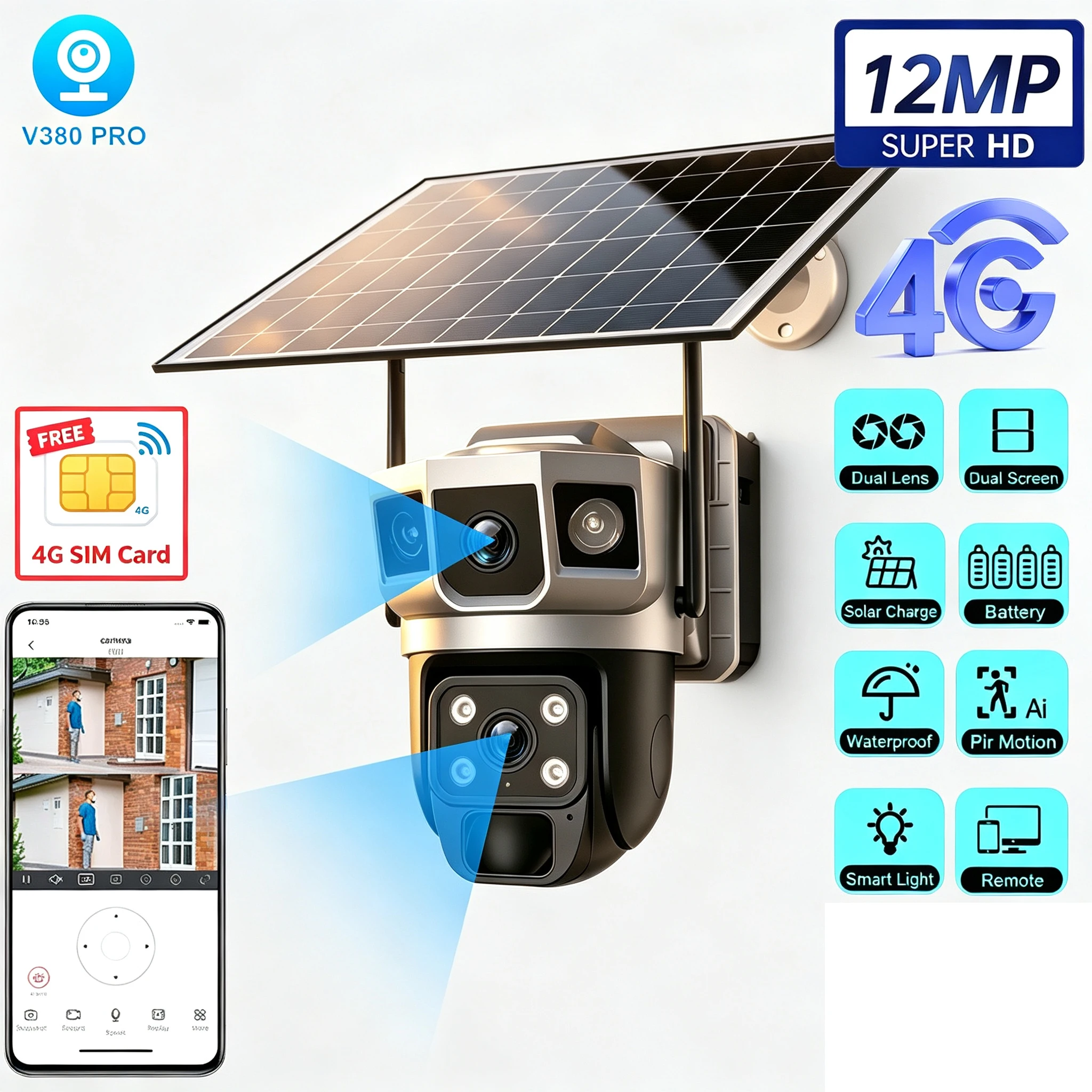 Kamera zewnętrzna V380 Pro 12MP 4G zasilana energią słoneczną, wyposażona w podwójny obiektyw i podwójny ekran, funkcja PTZ, inteligentny system monitoringu wideo do domu, detekcja ruchu PIR, kolorowy — 2