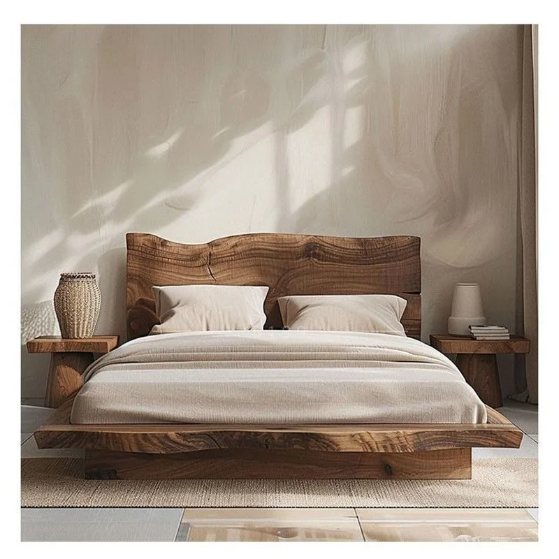 Full solid wood bed log wind modern simple wabi-sabi wind double