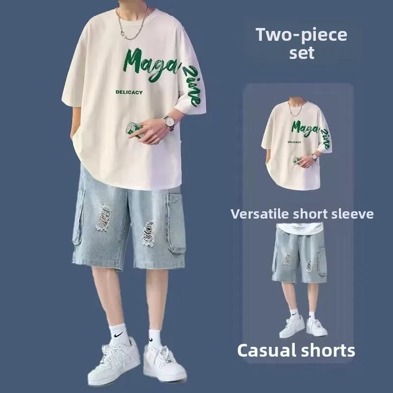

Summer Pure Cotton ort Sve round Ne T-irt Loose Fit Casual Youthwear Set with Denim orts for Teenagers