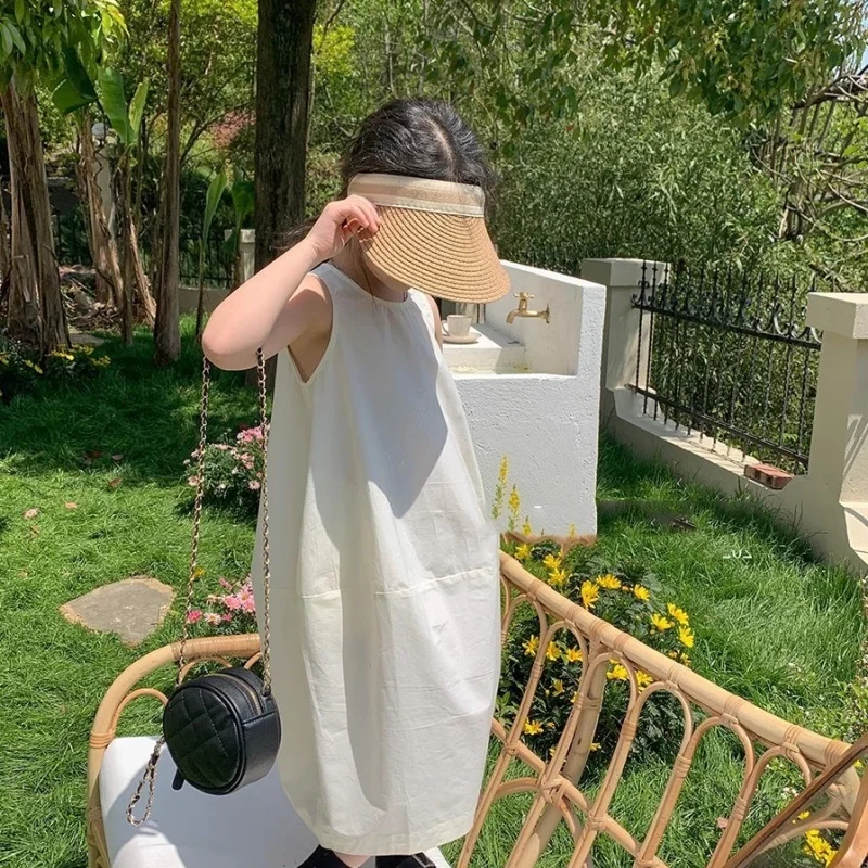 

Girls' Dress Pure and Elegant Dress Baby Kids Princess Dress Summer New Solid Color Japanese and Korean Style Casual Long Dress