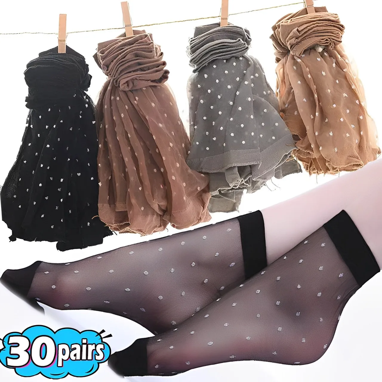 5/30pairs Fashion Dot Zijden Sokken Zwart Transparant Ultradunne Elastische Vrouwen Kristal Nylon Dames Zomer Korte Enkelkousen